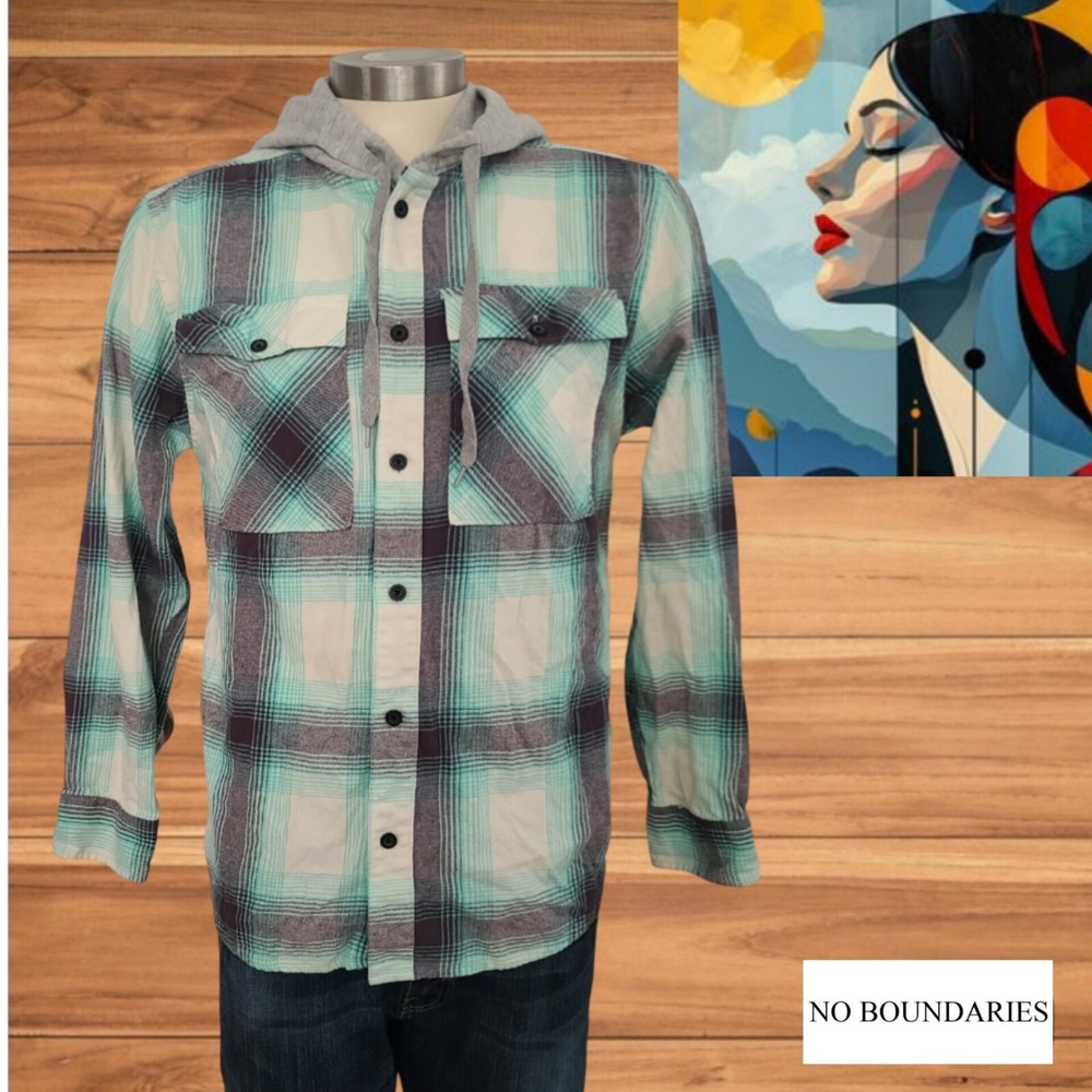 No Boundaries Shirt Men's Green‎ Plaid Cotton Hooded Flap Pockets Sz S